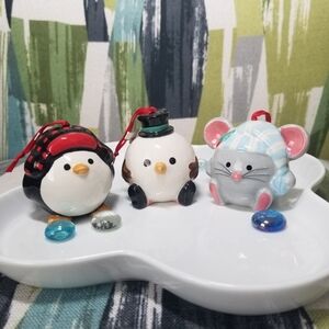 3pc Cute Christmas Ornament Bells Mouse Penguin Snowman Cozy